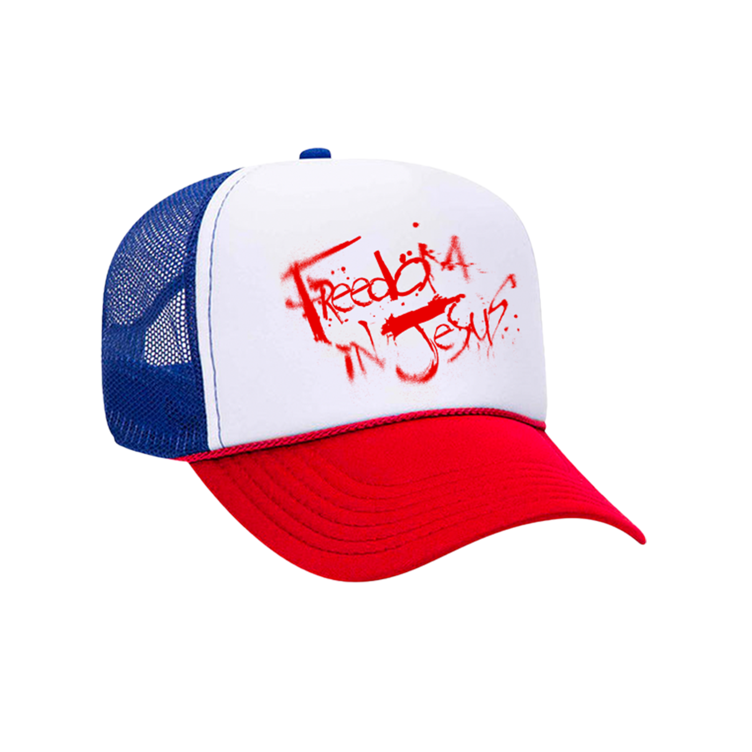 Freedom in Jesus Red White and Blue Trucker Hat